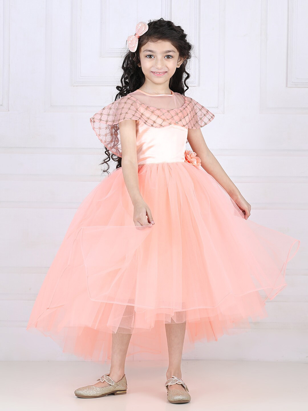 

Toy Balloon kids Embellished Flared Sleeve High-Low Net Maxi Dress, Peach