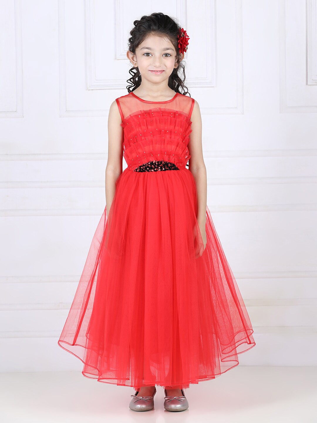 

Toy Balloon kids Embellished Net Maxi Fit and Flare Dress, Red