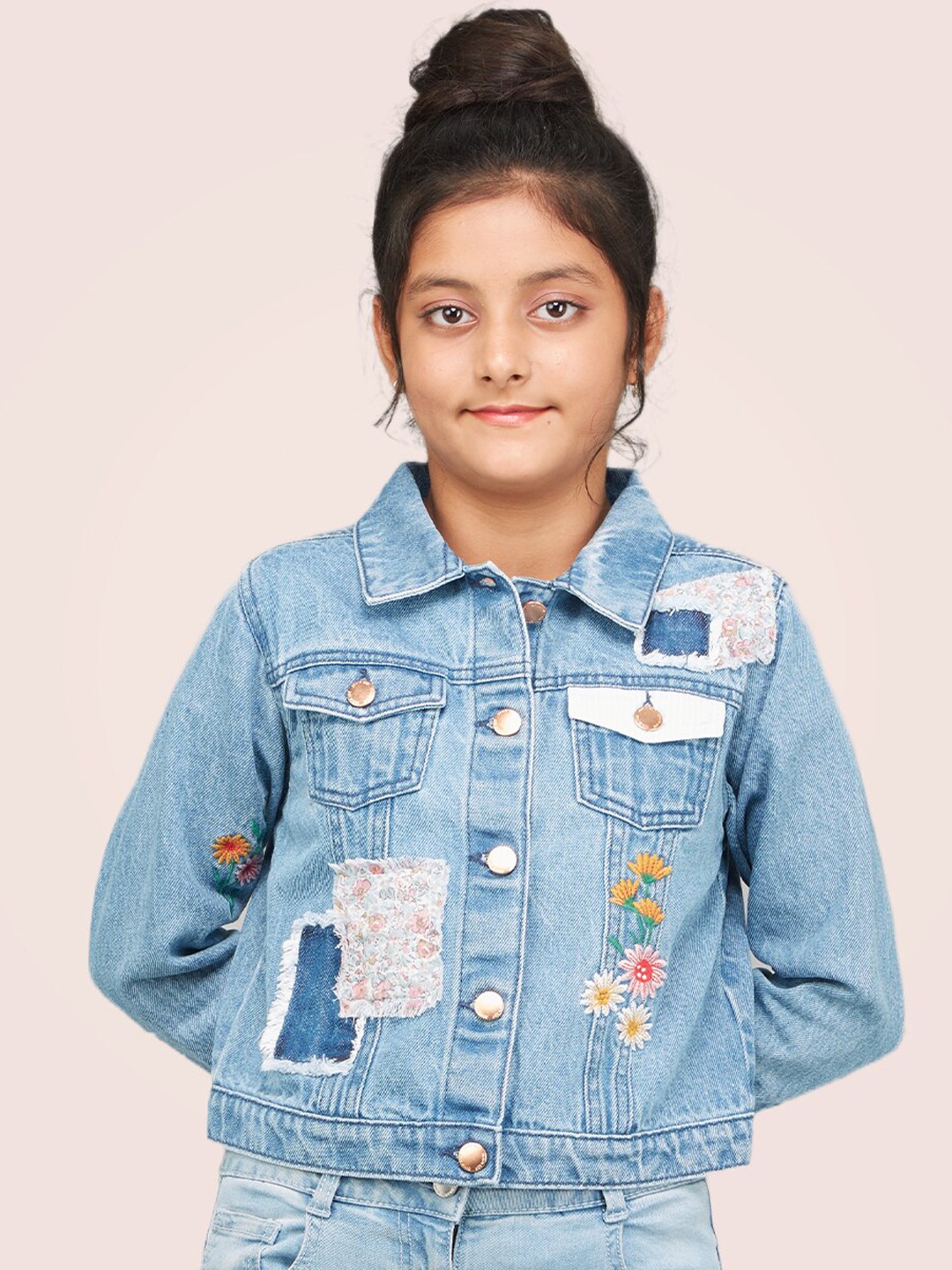 

Zalio Girls Floral Pure Cotton Crop Denim Jacket with Patchwork, Blue
