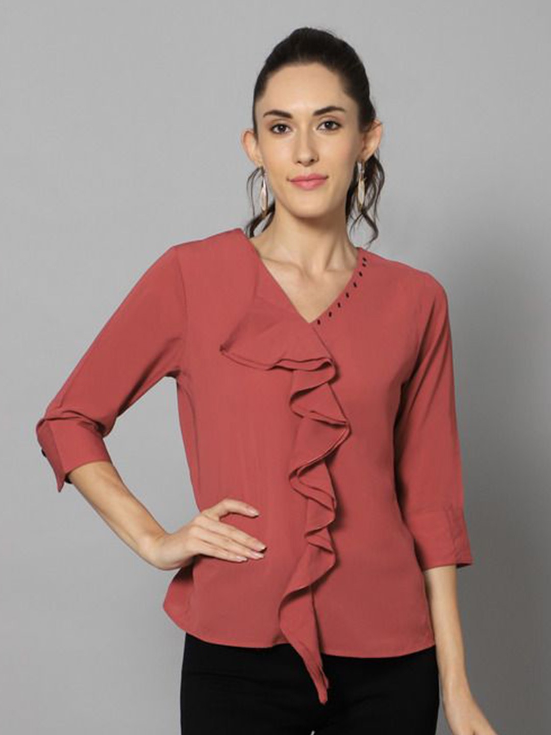 

La Aimee V-Neck Ruffles Regular Top, Rust