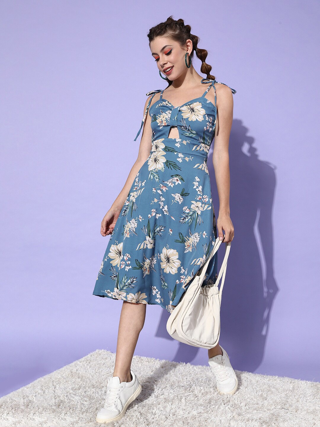 

DODO & MOA Floral Printed Crepe Cut-Outs A-Line Midi Dress, Blue
