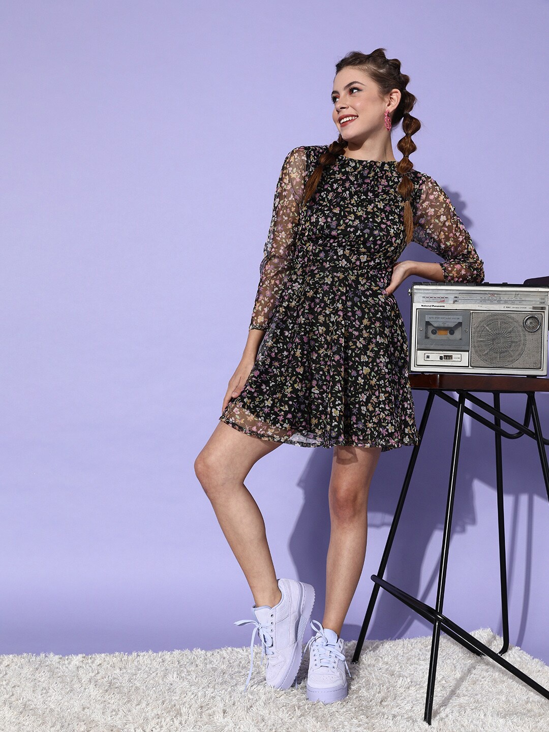 

DODO & MOA Floral Printed Net Fit & Flare Dress, Black