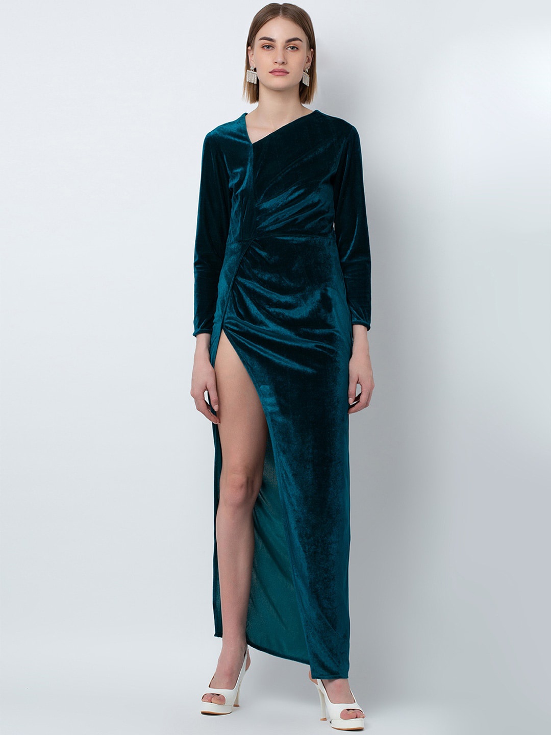 

DODO & MOA Asymmetric Neck Velvet Sheath Maxi Dress, Teal