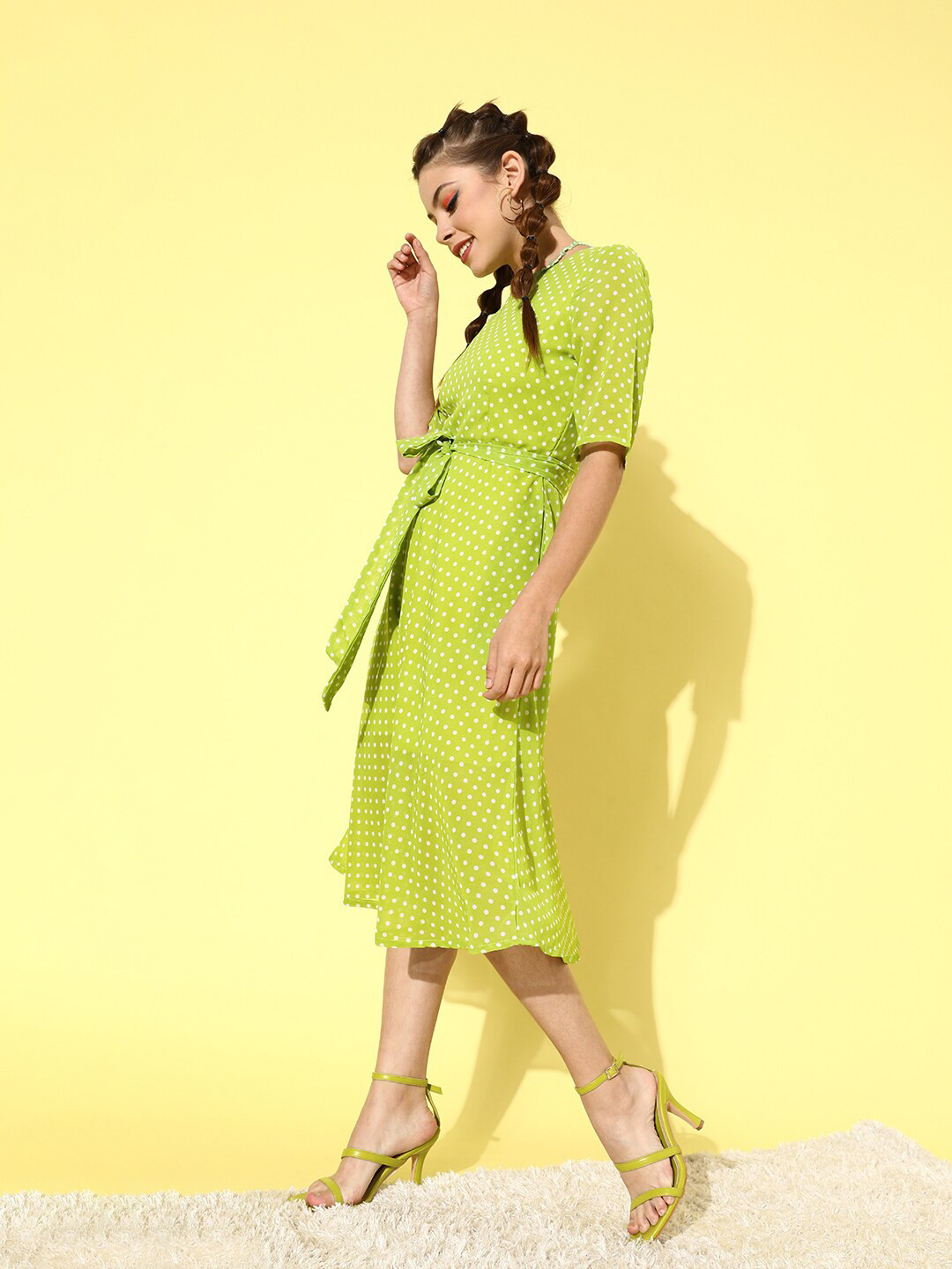 

DODO & MOA Polka Dots Printed A-Line Dress, Green