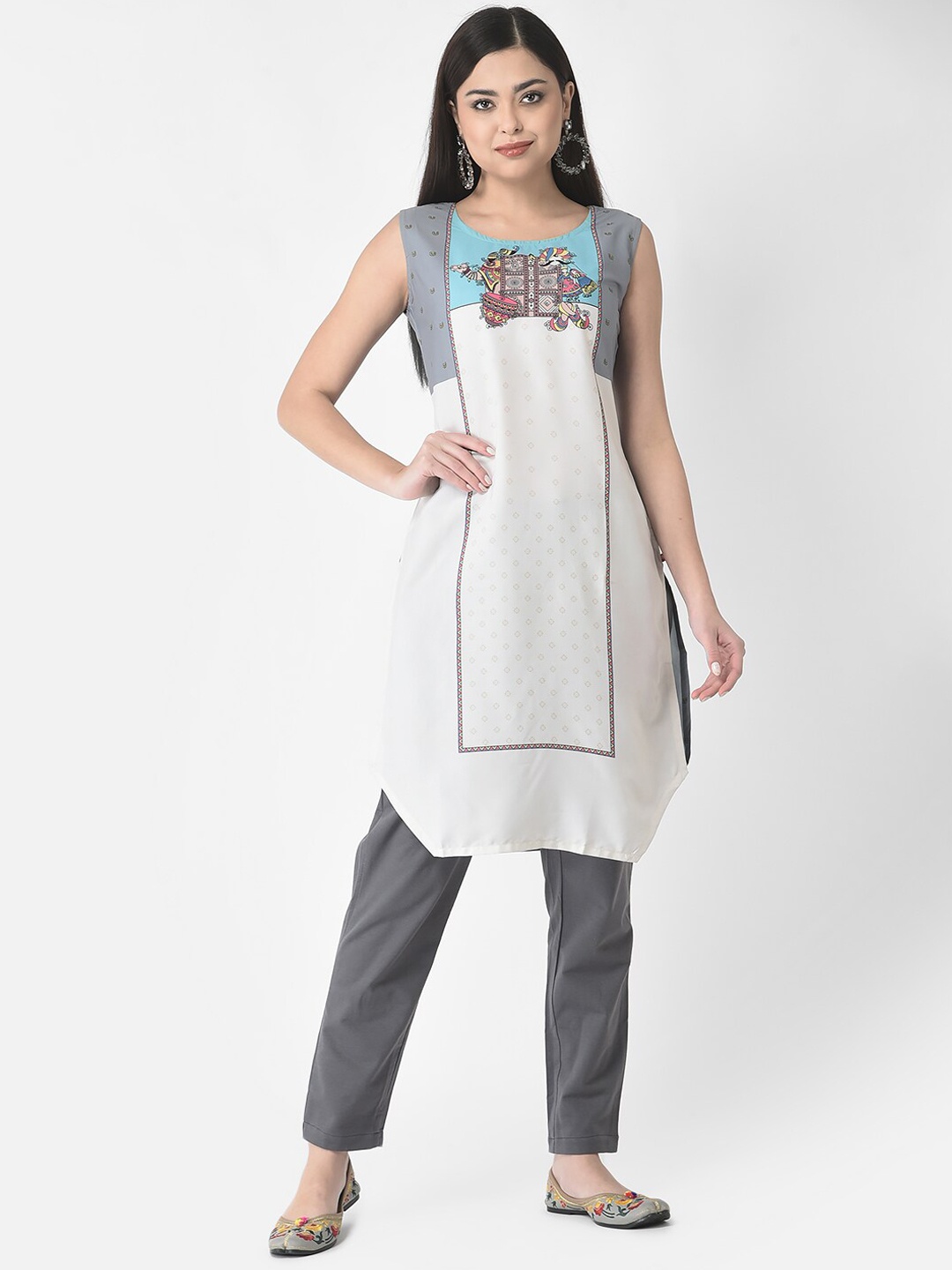 

Span Women Ethnic Motifs Yoke Design Indie Prints Crepe Kurta, White