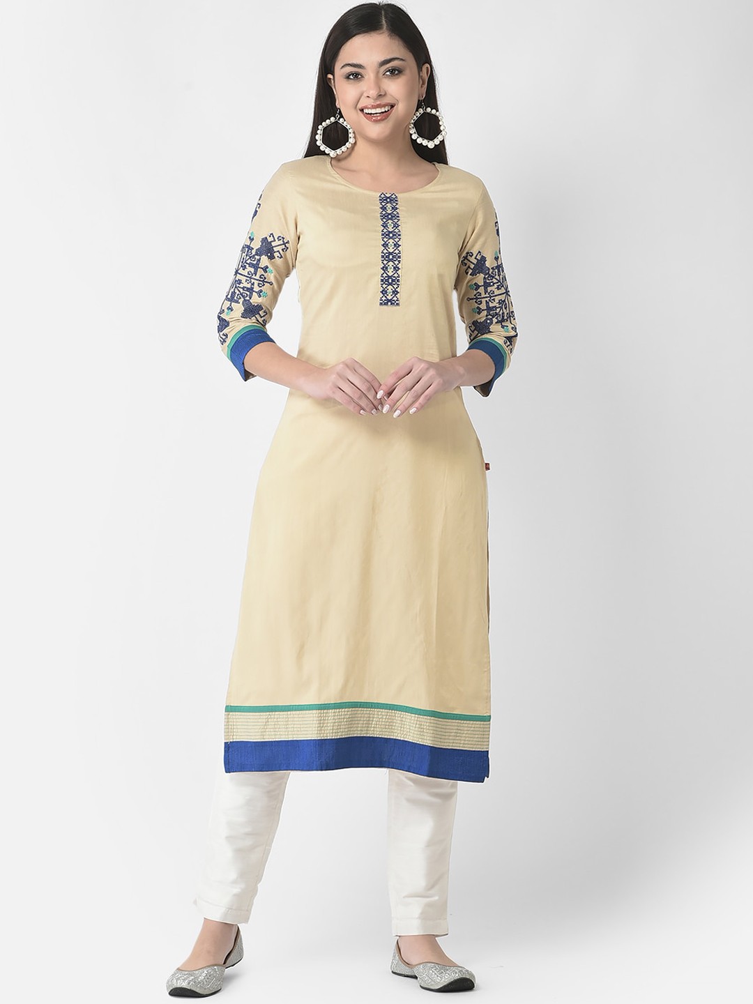 

Span Women Ethnic Motifs Thread Work Indie Prints Kurta, Beige