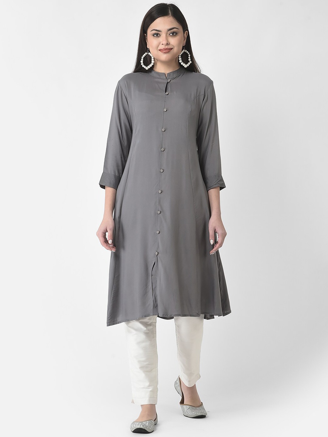 

Span Women Mandarin Collar A Line Kurta, Grey