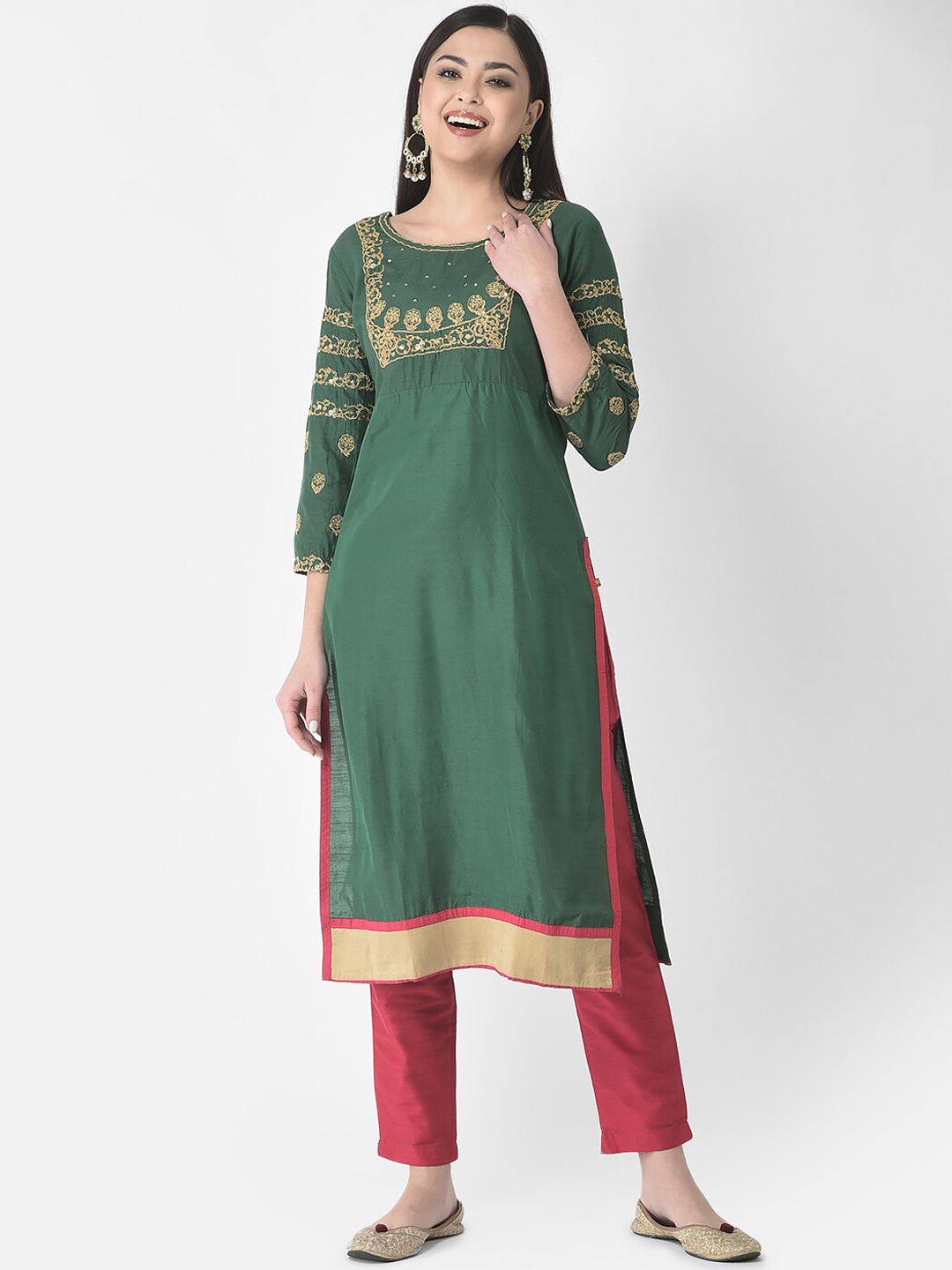 

Span Women Embroidered Ethnic Motifs Round Neck Kurta, Green