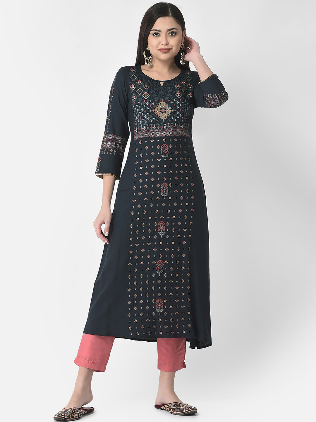 

Span Women Printed Ethnic Motifs Keyhole Neck Kurta, Navy blue