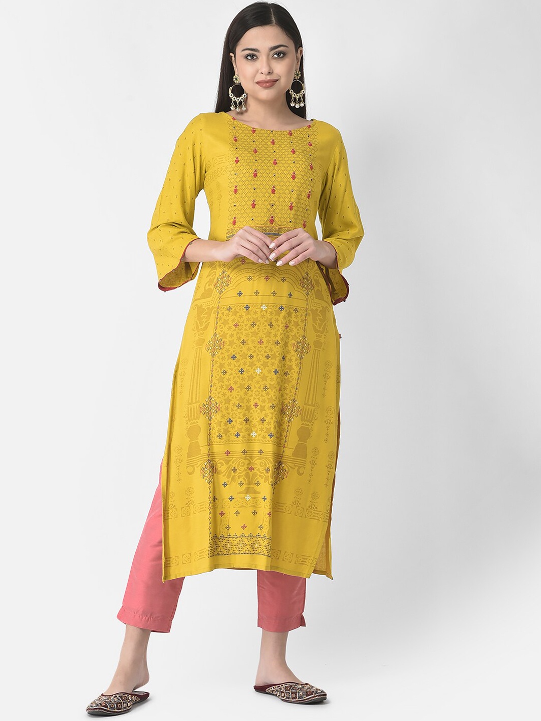 

Span Women Ethnic Motifs Printed Round Neck Thread Work Cotton Kurta, Yellow