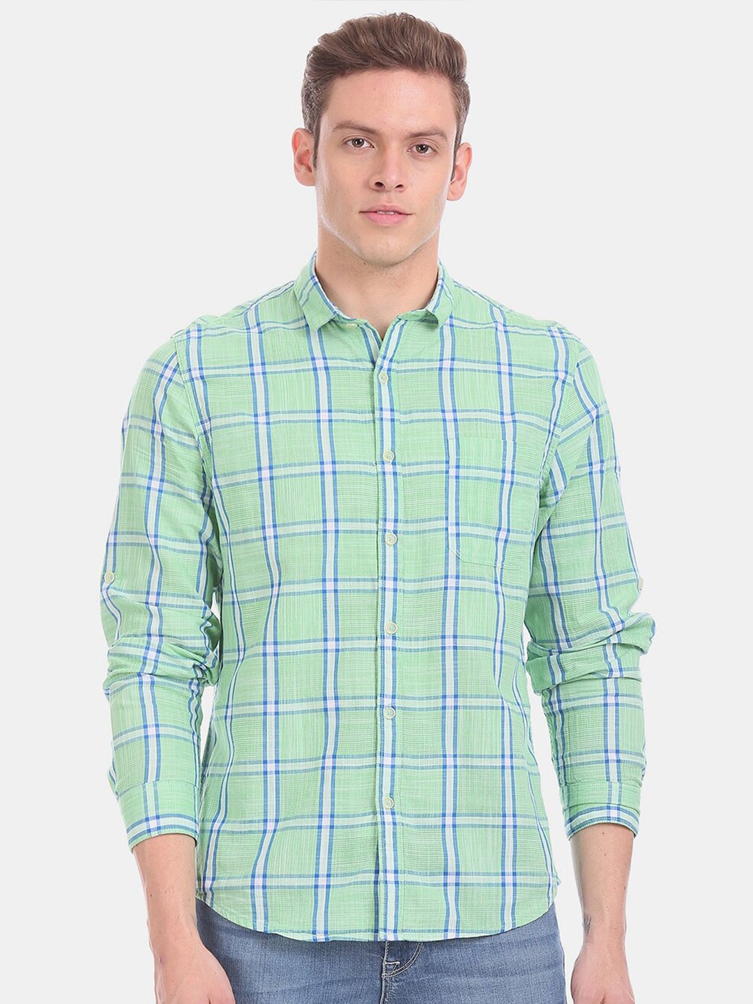 

V-Mart Men Checked Casual Cotton Shirt, Green