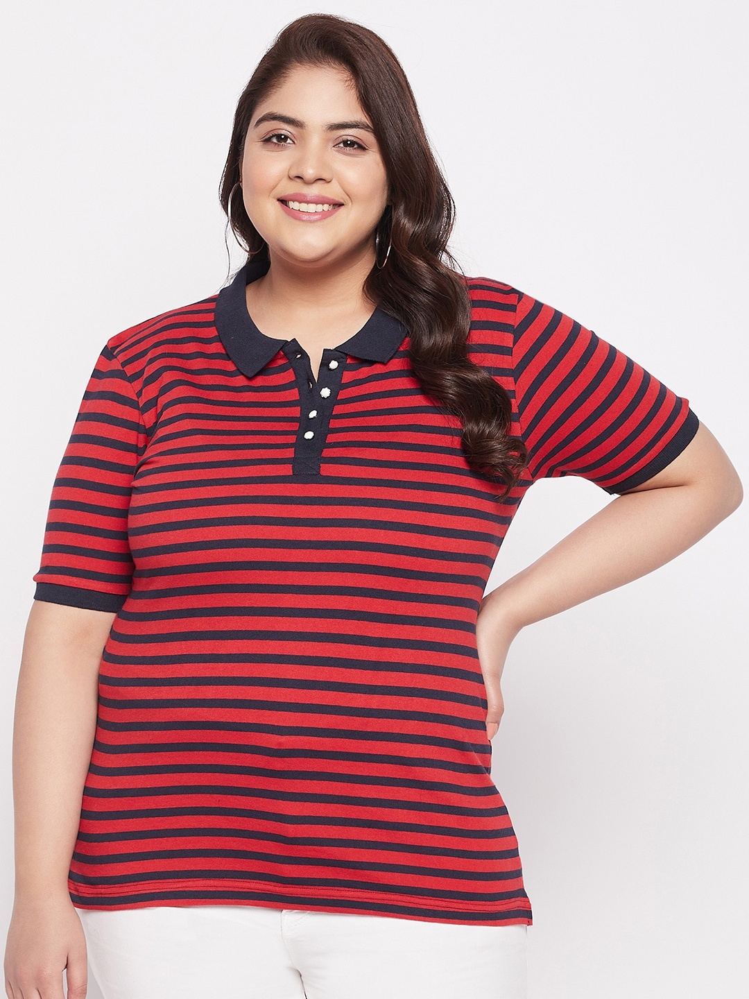 

AUSTIVO Women Plus Size Striped Polo Collar T-shirt, Maroon
