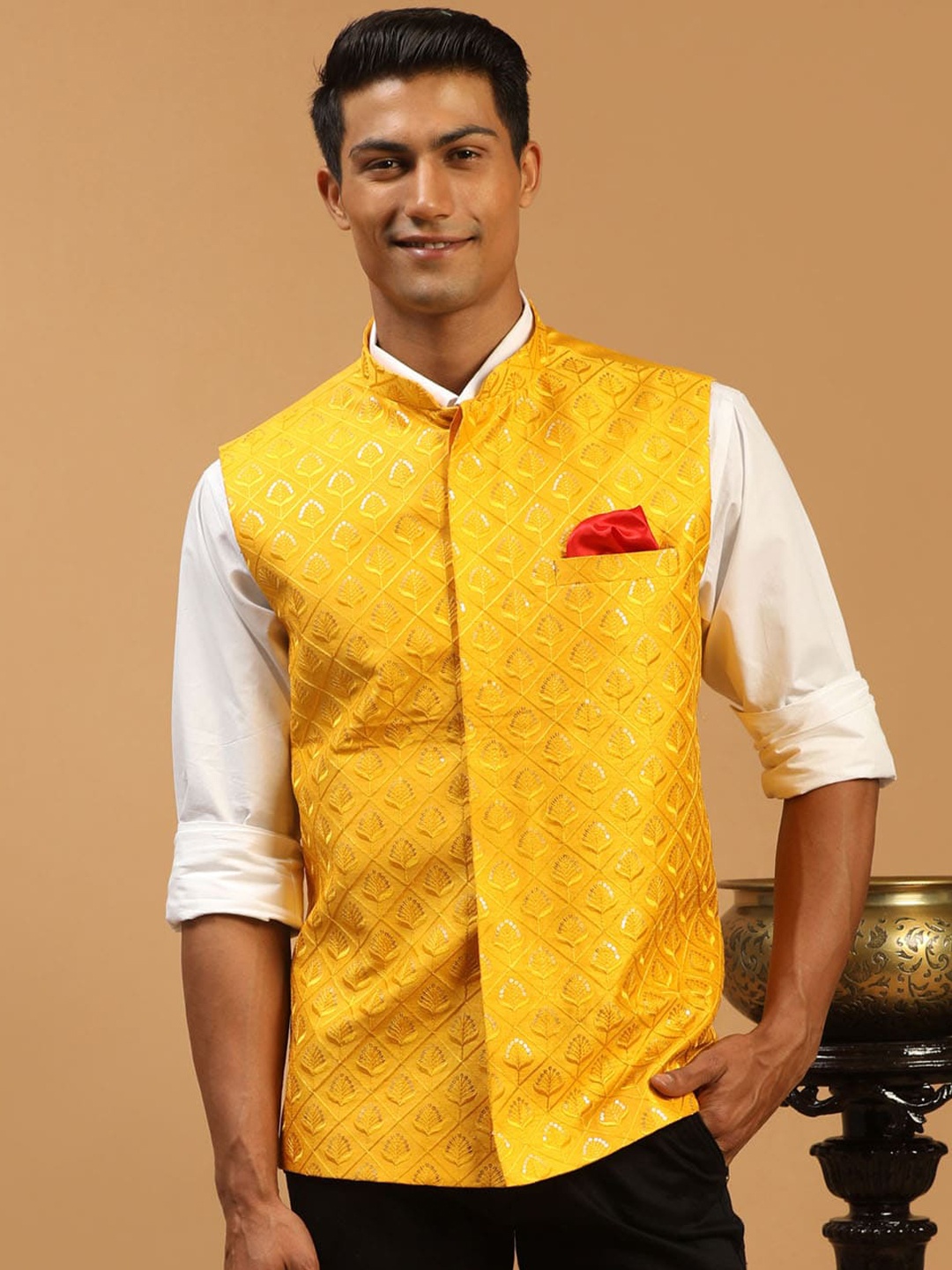 

VASTRAMAY Sequined Embroidered Silk Blend Nehru Jacket, Yellow