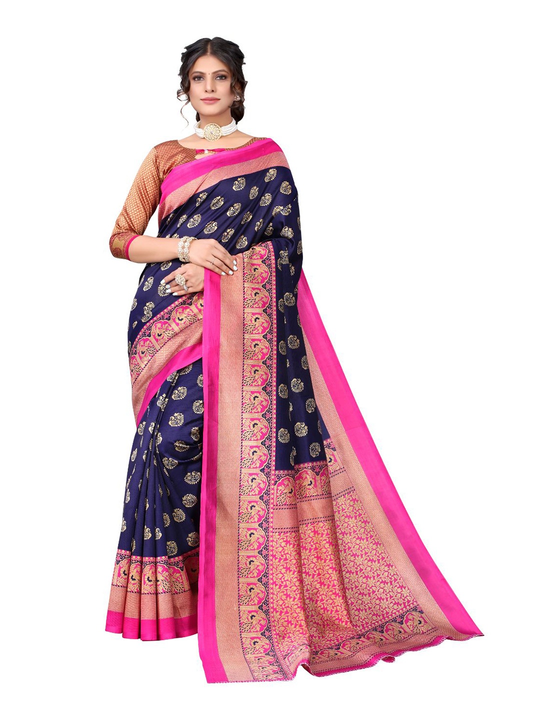 

Florence Ethnic Motifs Zari Art Silk Ilkal Saree, Navy blue