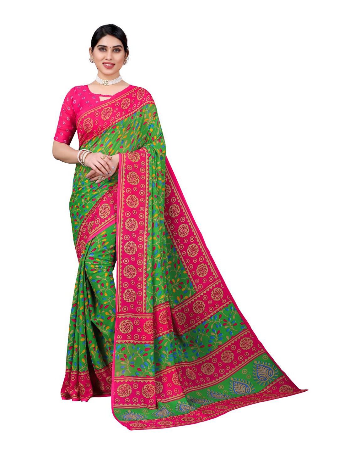 

Florence Green & Pink Floral Art Silk Ilkal Saree