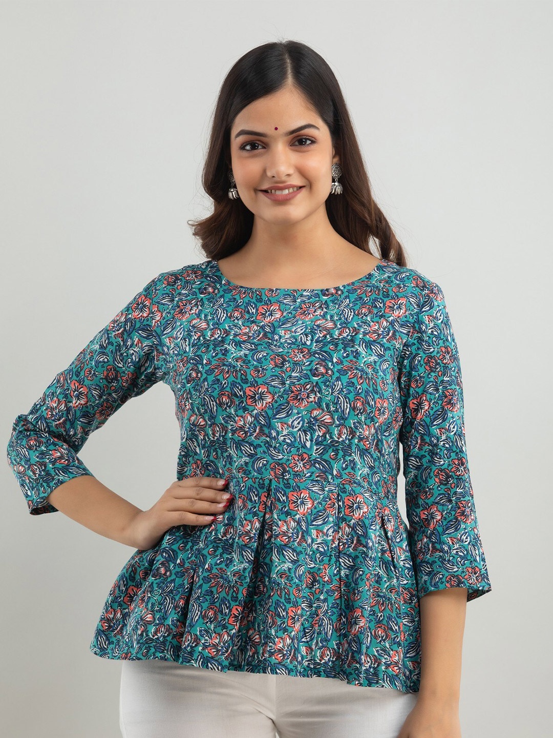 

Women Touch Floral Print Peplum Top, Blue