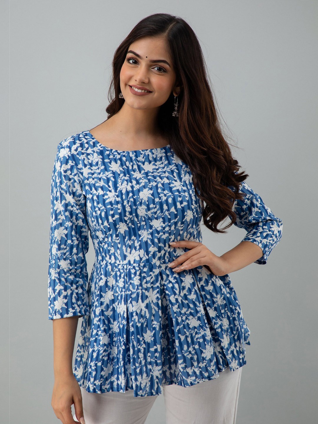 

Women Touch Floral Print Peplum Top, Blue