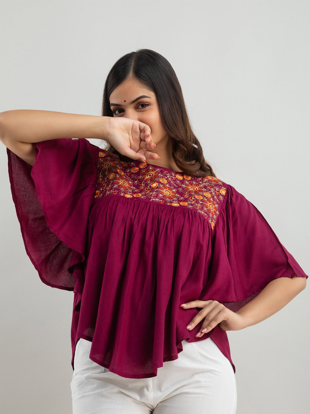 

Women Touch Floral Embroidered Cape Top, Maroon