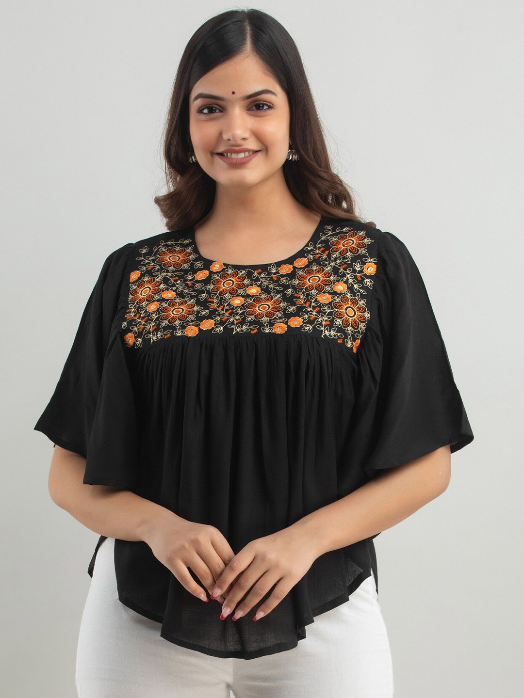 

Women Touch Floral Embroidered Cape Top, Black