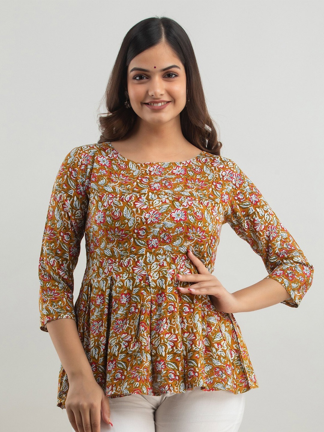 

Women Touch Floral Print Peplum Top, Mustard