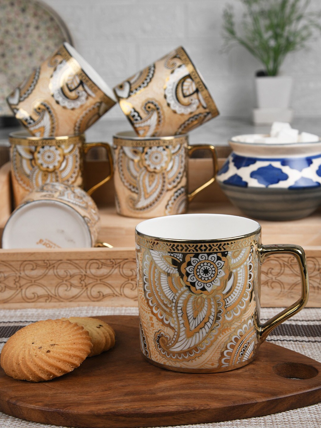 

Femora 6 Pcs White & Peach-Coloured Ethnic Motifs Bone China Glossy Cups 180 ml each