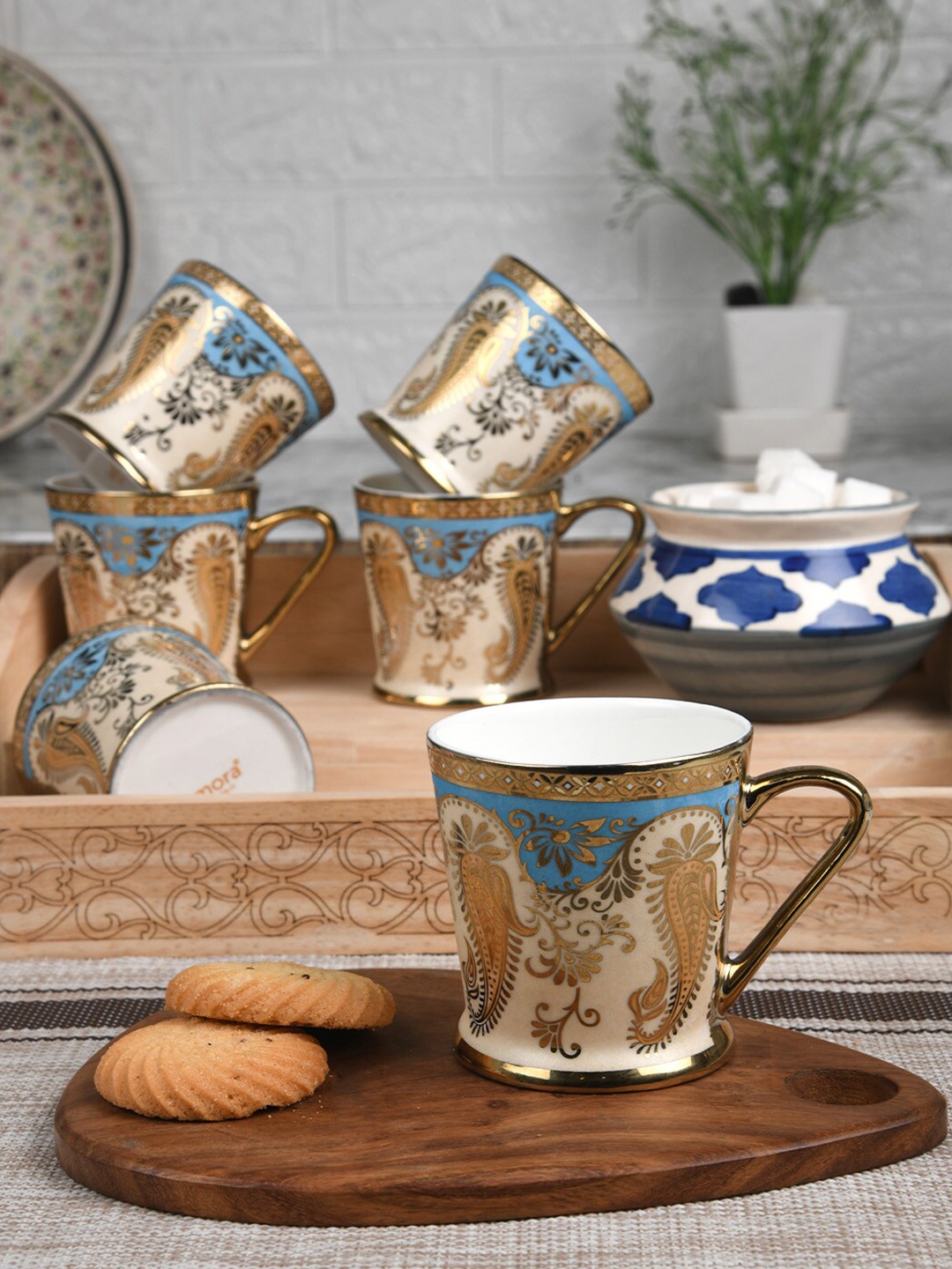 

Femora 6 Pcs Peach-Coloured & Blue Ethnic Motifs Bone China Glossy Cups 180 ml each