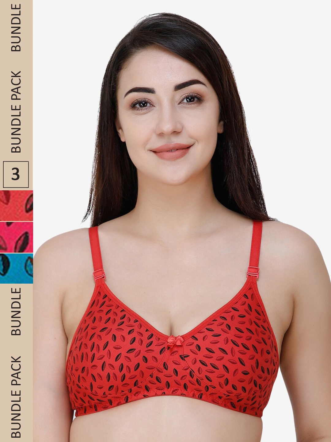 

College Girl Pack Of 3 Cotton Animal Print Non Padded Bra, Red