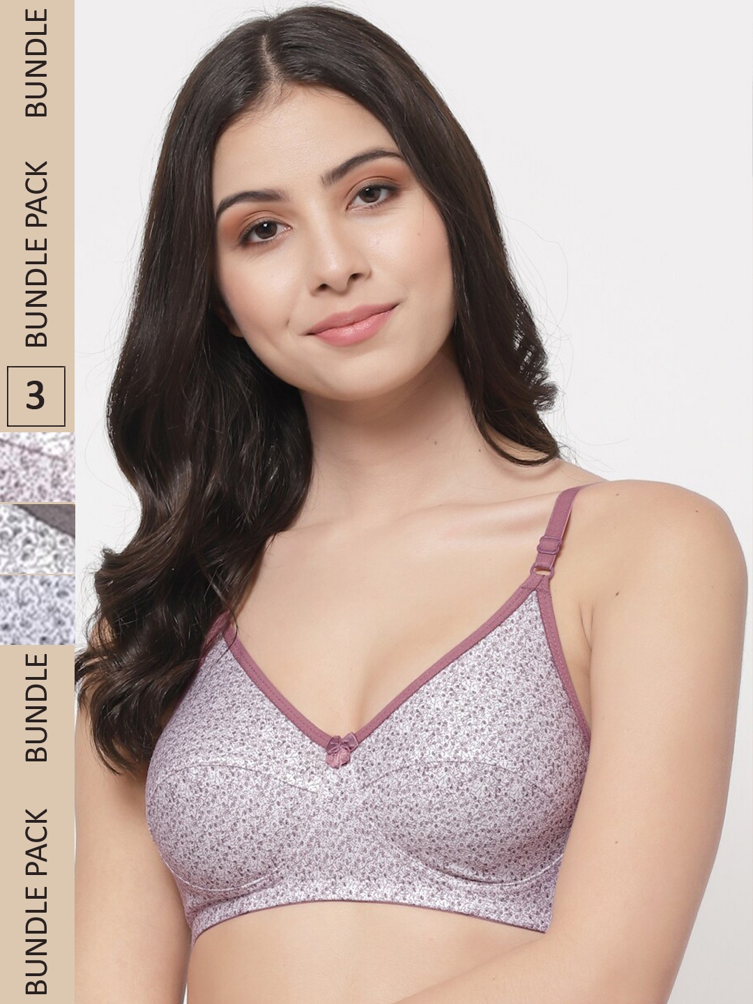 

College Girl Pack Of 3 Cotton Floral Non Padded Bra, Grey