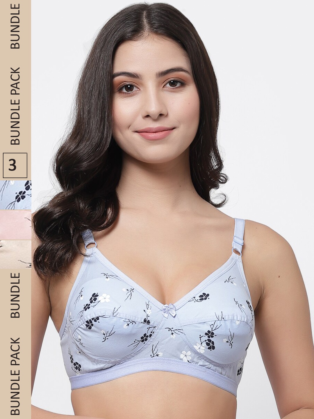 

College Girl Pack Of 3 Cotton Floral Print Non Padded Bra, Blue