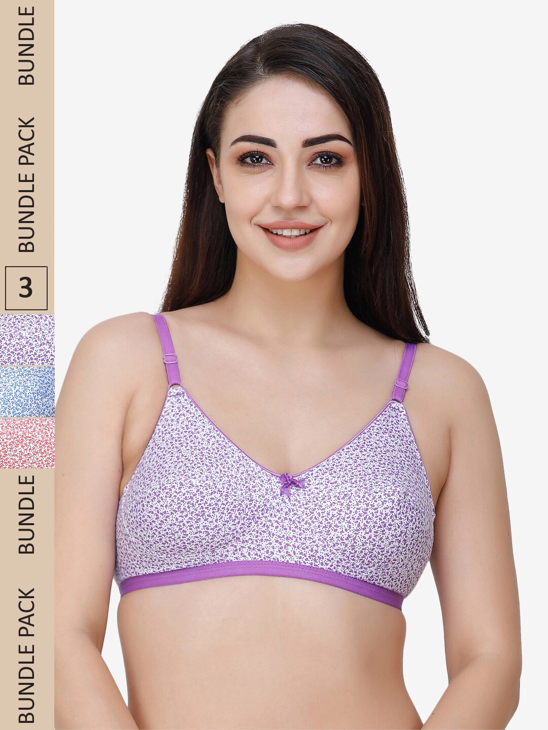 

College Girl Pack of 3 Cotton Floral Bra, Blue