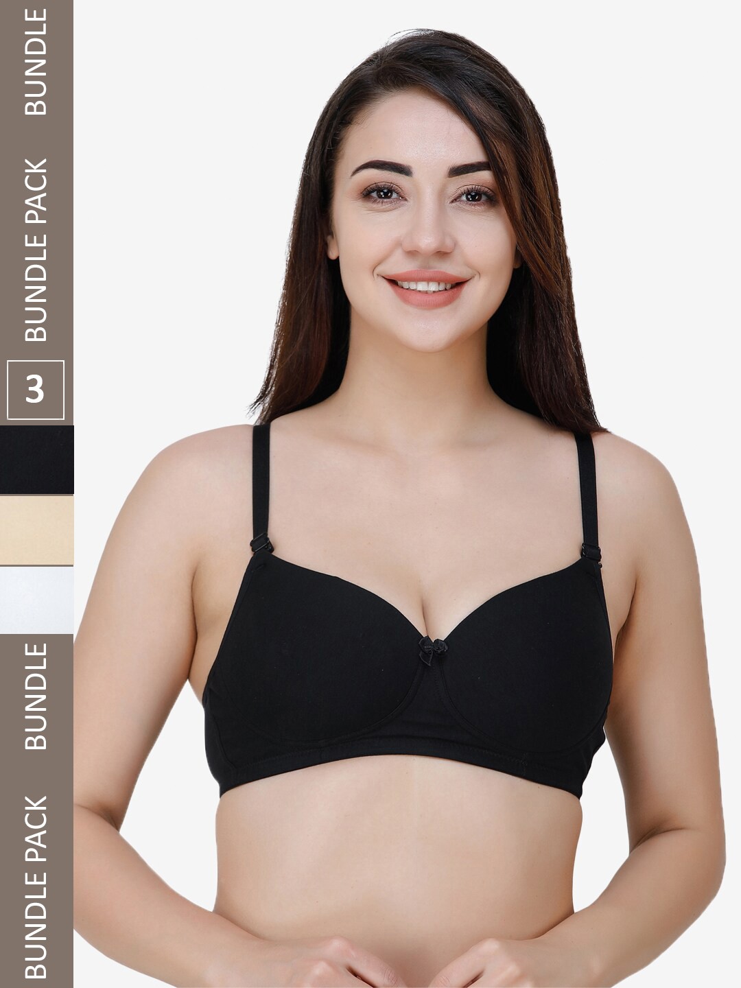

College Girl Pack Of 3 Lightly Padded Cotton Bra, Black