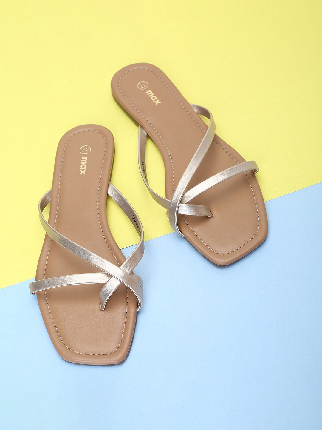 

max Women Open Toe No Back Strap Flats, Gold