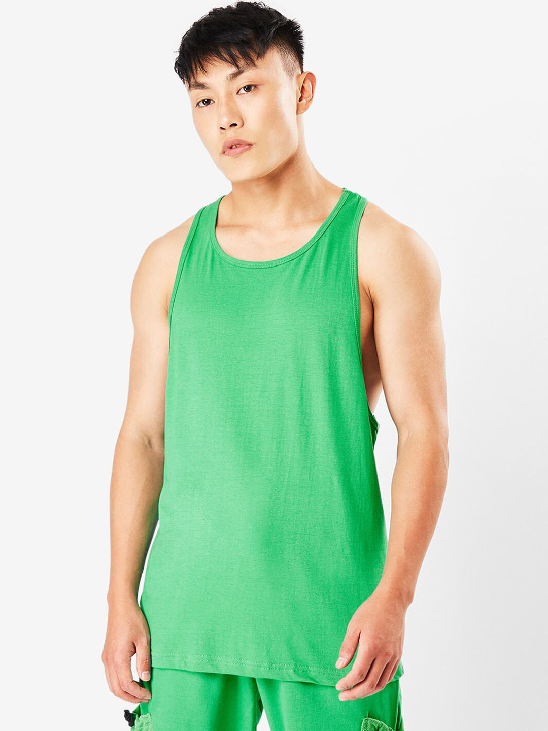 

Bewakoof Men Cotton Deep Cut Basic Innerwear Vest, Green