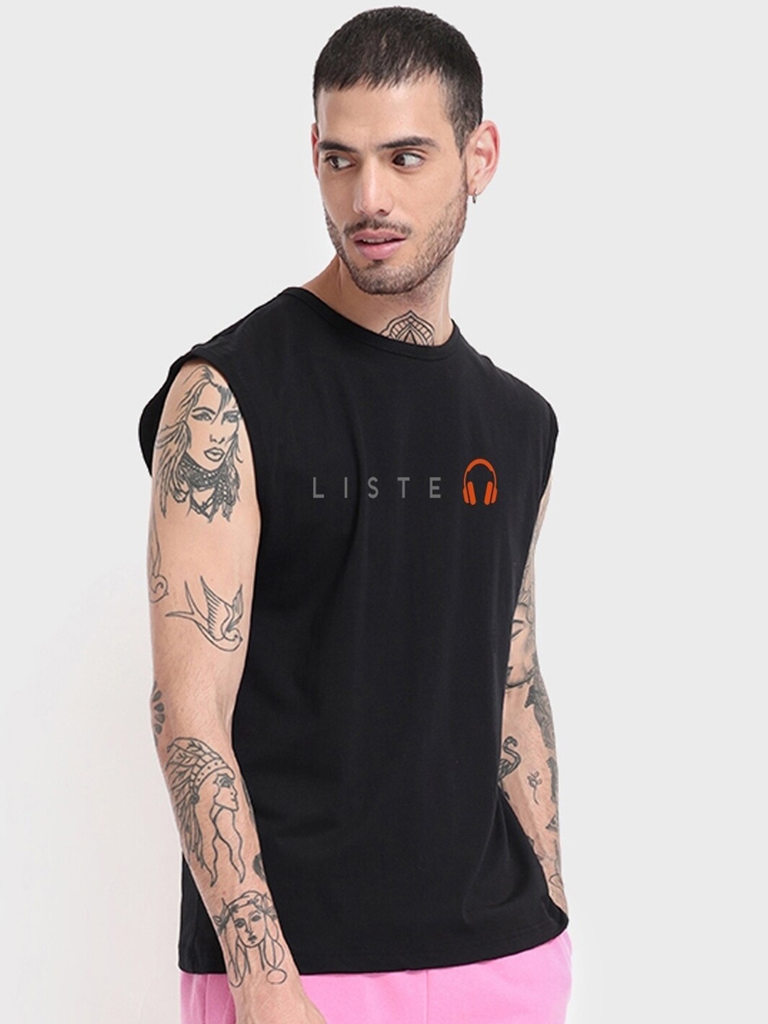 

Bewakoof Men Printed Cotton Oversized Gym Vest, Black