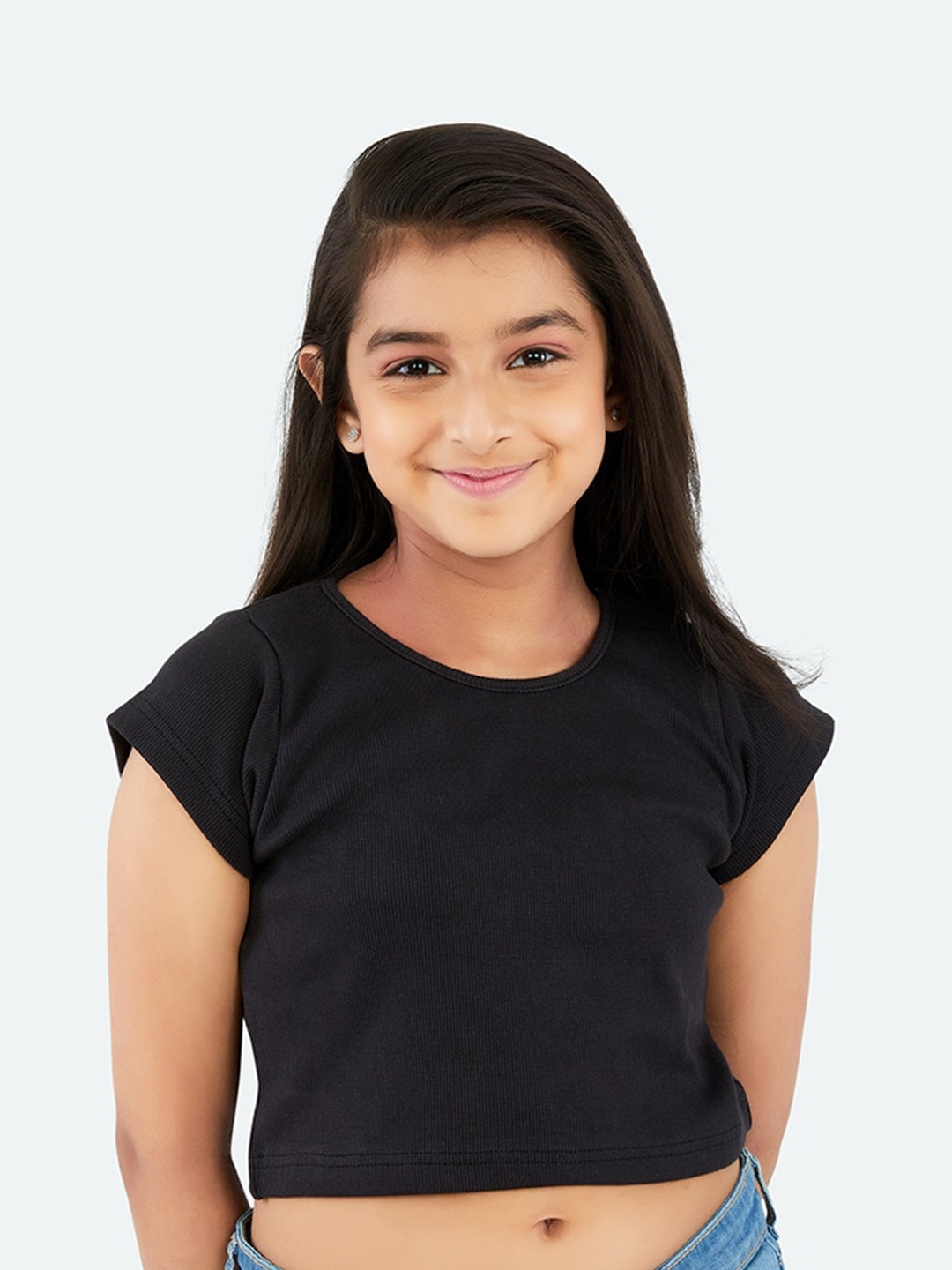 

Olele Round Neck Cotton Crop Top, Black