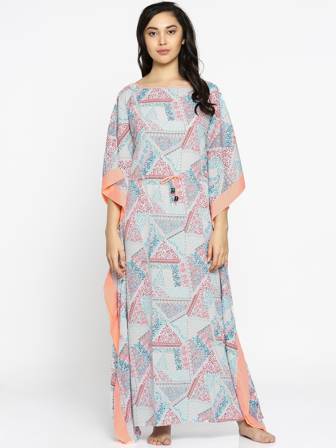 

The Kaftan Company Blue & Peach Printed Kaftan Maxi Nightdress LW_PY_AURORA01