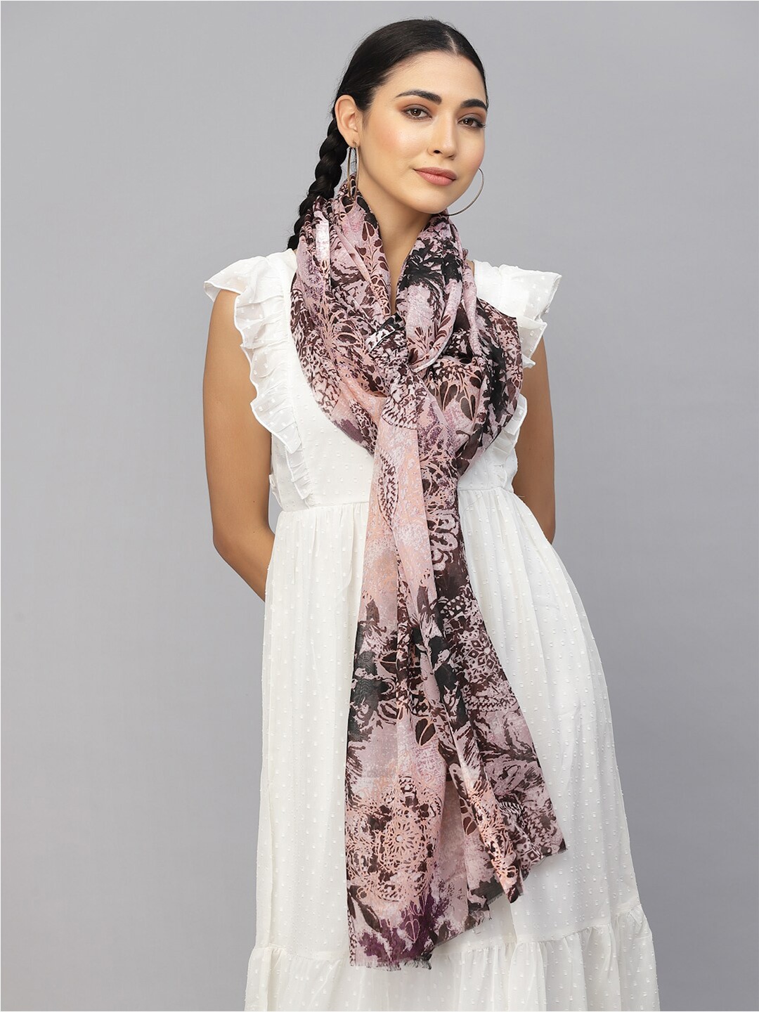 

J Style Women Floral Printed Stole, Brown