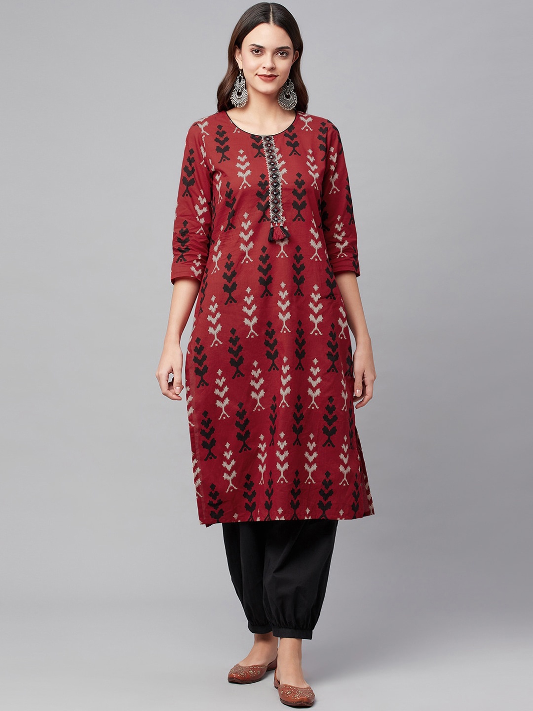 

Divena Ethnic Motifs Printed Pure Cotton Kurta with Cuffed Pant, Maroon