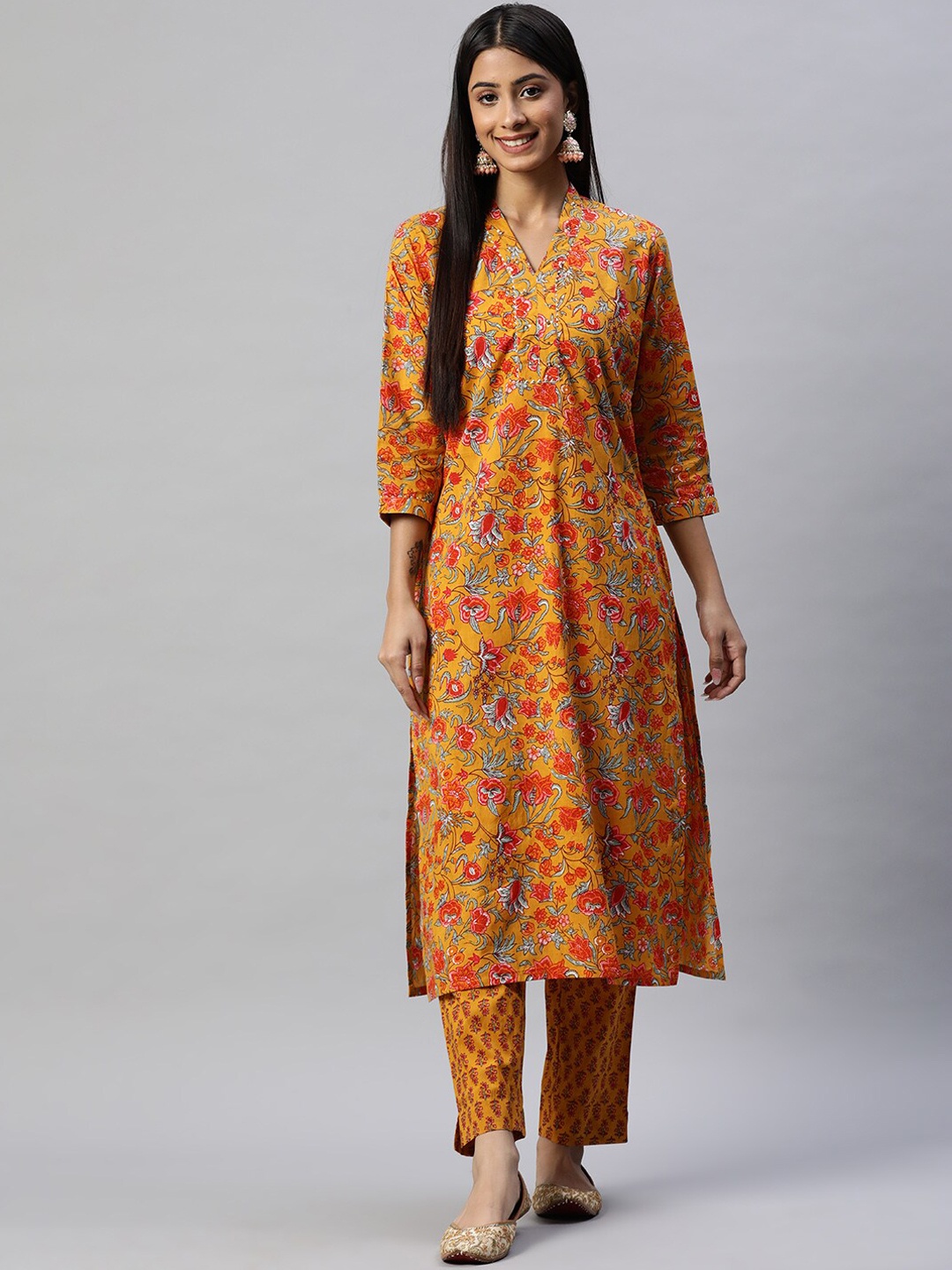 

Divena Women Floral Printed Gotta Patti Pure Cotton Kurta With Trousers, Mustard