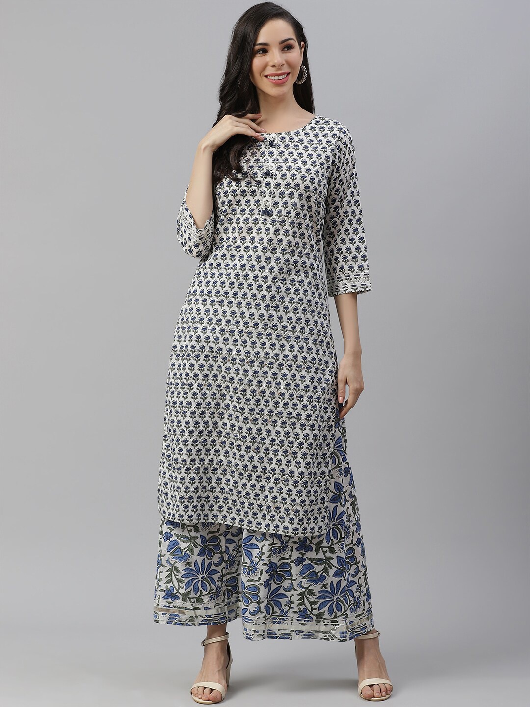 

Divena Women Floral Printed Gotta Patti Pure Cotton Kurta with Palazzos, White