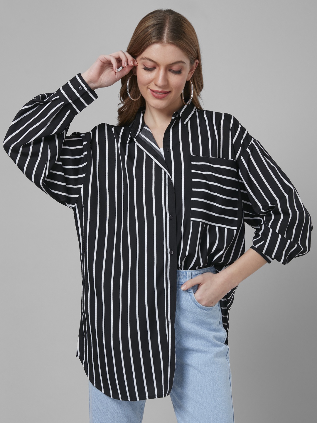 

Style Quotient Striped Printed Oversized Casual Shirt, Black