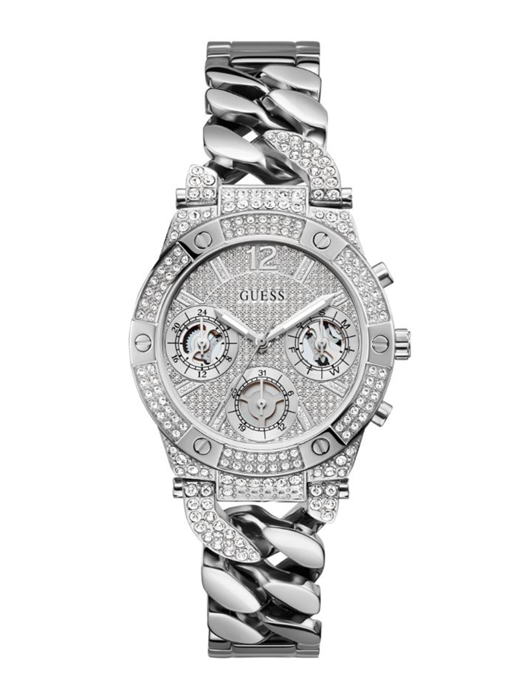 

GUESS Women Embellished Dial & Bracelet Style Straps Analogue Watch GW0513L1, Silver