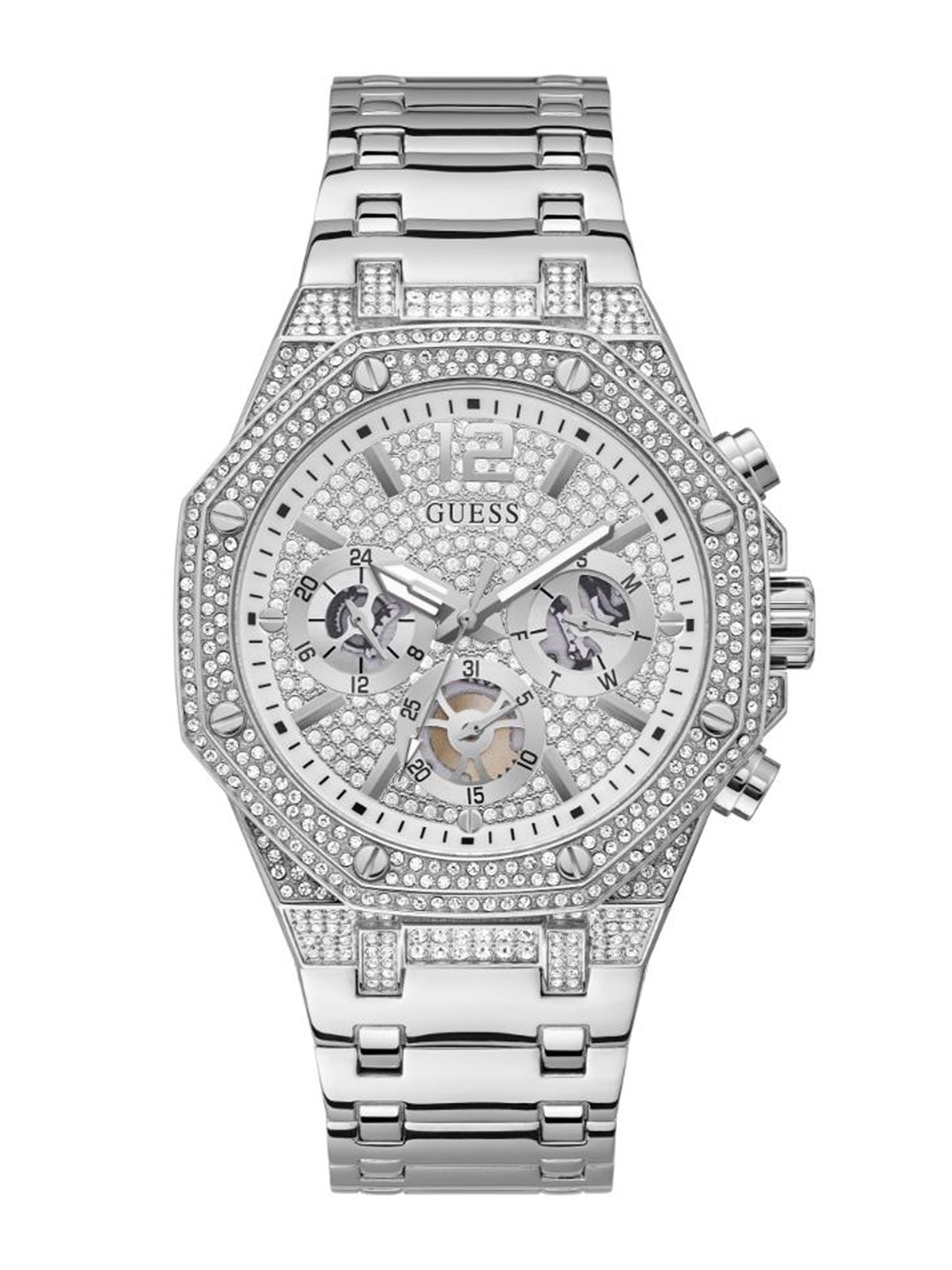 

GUESS Men Embellished Dial & Bracelet Style Straps Analogue Watch GW0419G1, Silver