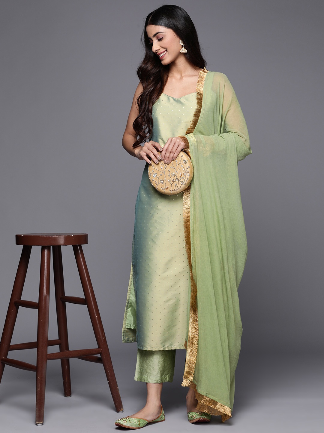 

Varanga Women Zari Kurta With Trousers & Dupatta, Green