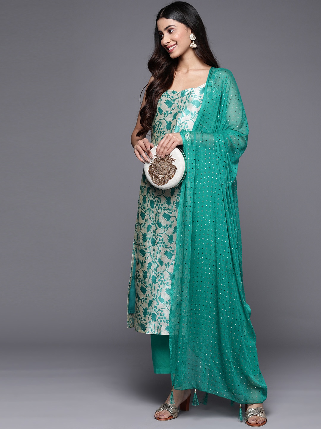 

Varanga Women Floral Printed Chanderi Silk Kurta With Trousers & Dupatta, Turquoise blue