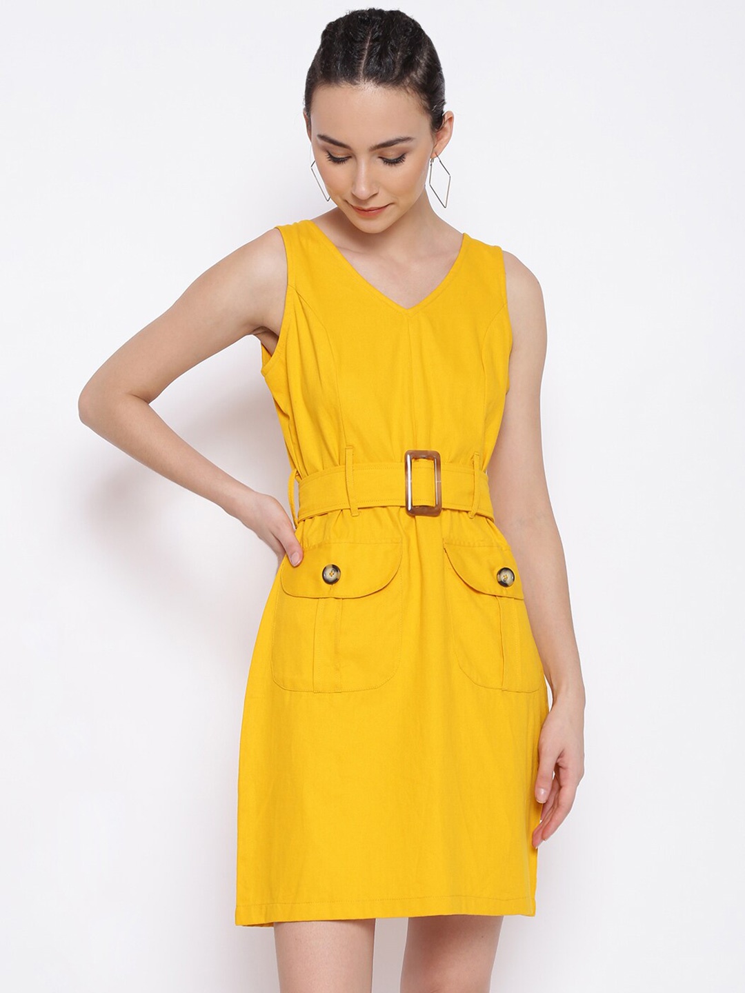 

MARC LOUIS V Neck Cotton Sheath Dress, Yellow