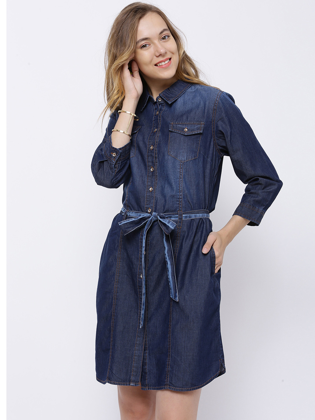 

Tokyo Talkies Women Navy Blue Solid Denim ShirtDress