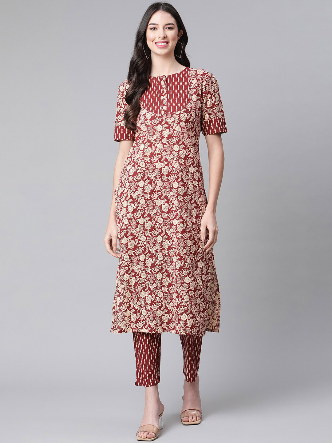 

Indibelle Women Printed Floral Straight Cotton Kurta, Maroon