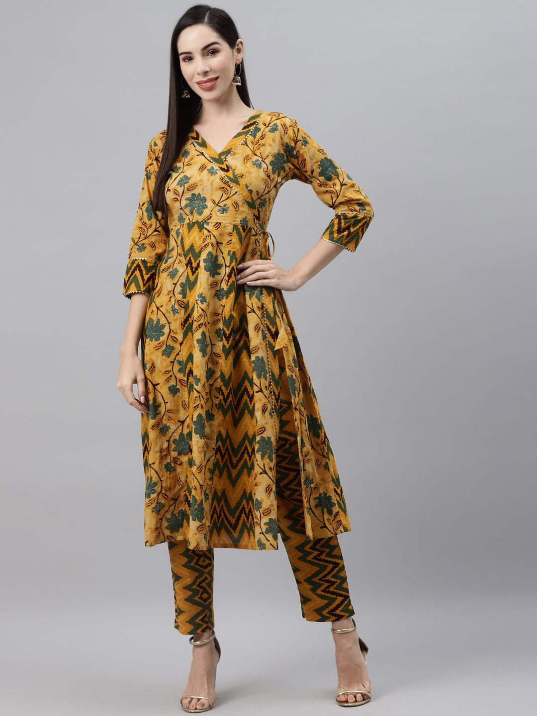 

Indibelle Floral Printed Gotta Patti Floral Cotton Anarkali Kurta, Mustard