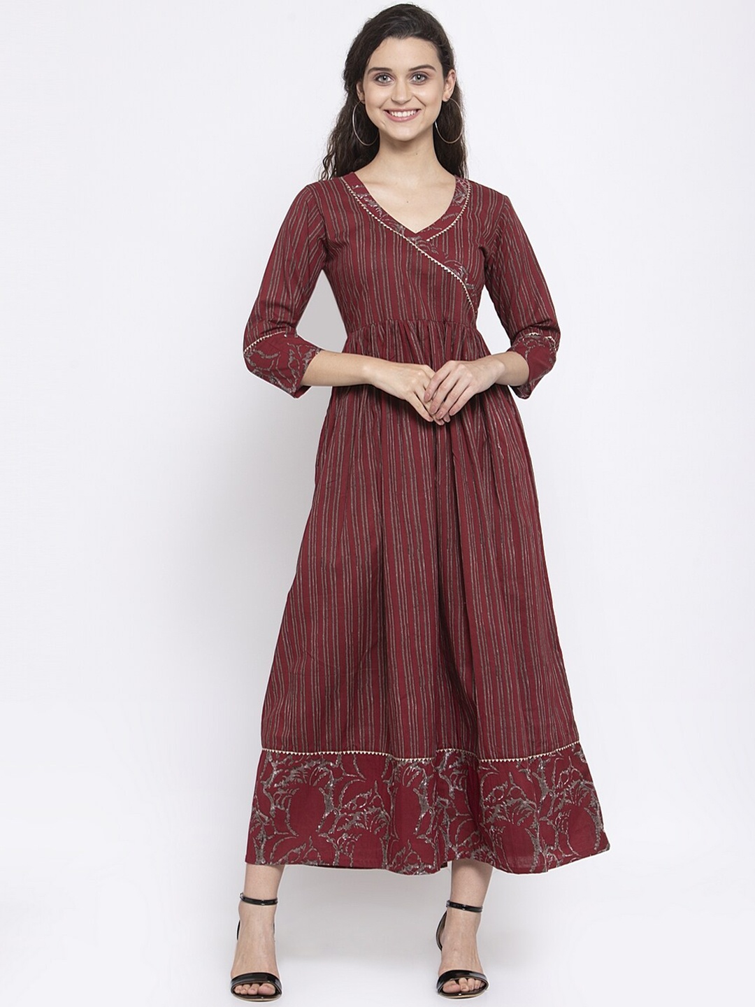 

Indibelle Women Plus Size Striped Gotta Patti Pure Cotton Anarkali Kurta, Maroon
